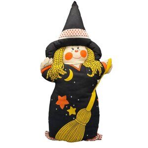 Vintage Stitch Witch Stuffed Witch Pillow Doll With Broom Halloween Decor